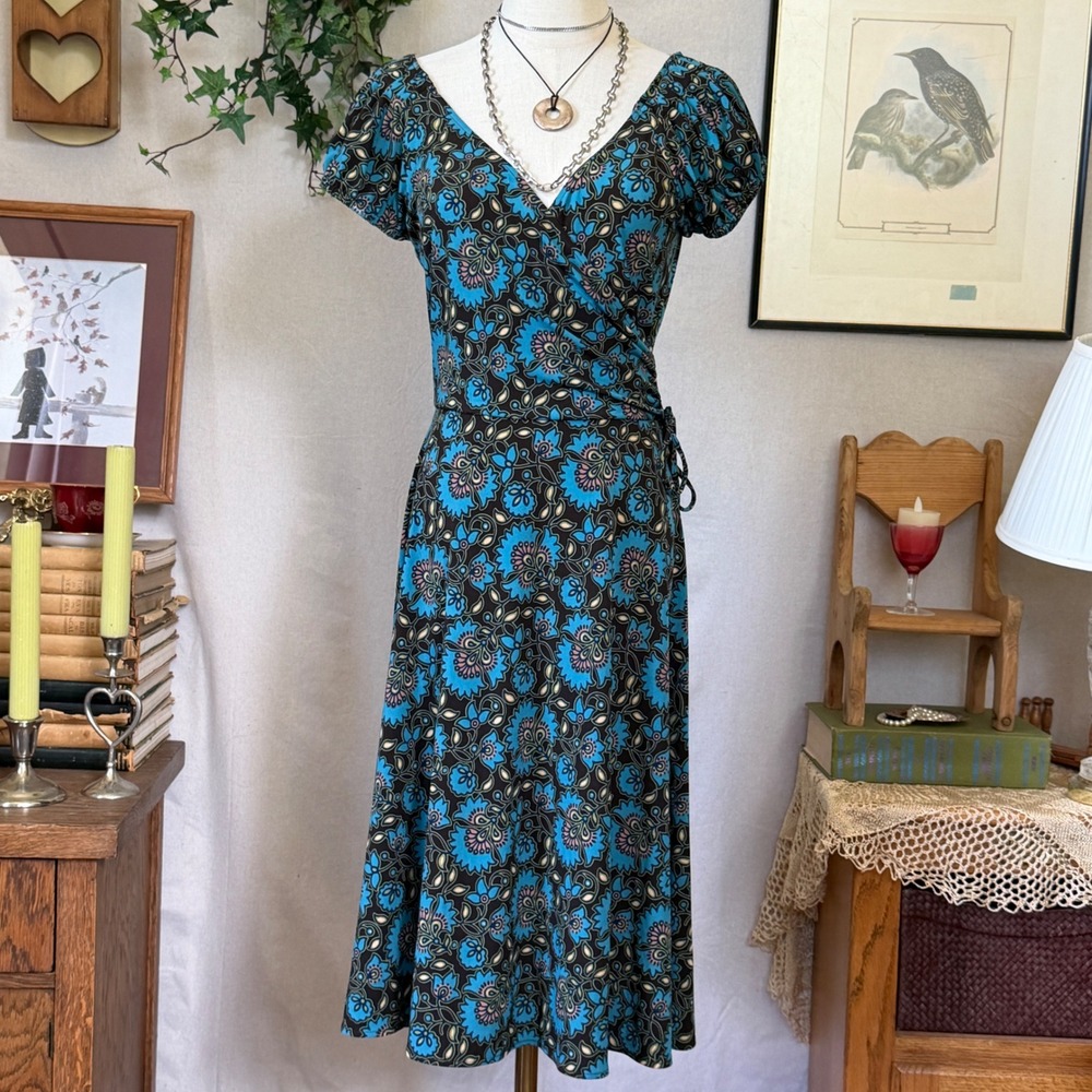 Blue Floral Wrap Dress Boho Retro Y2K 4 Babydoll Feminine Girly Colorful Fall